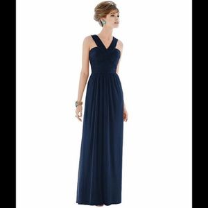 Alfred Sung Shirred Chiffon V-Neck Gown in Navy